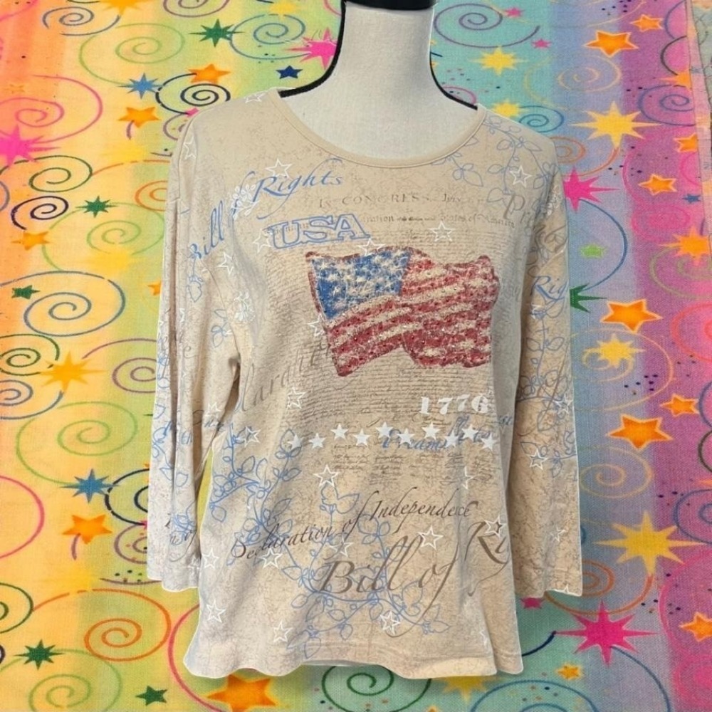 American flag bedazzled 3/4 sleeve top Mcbling 4th of July USA independence day